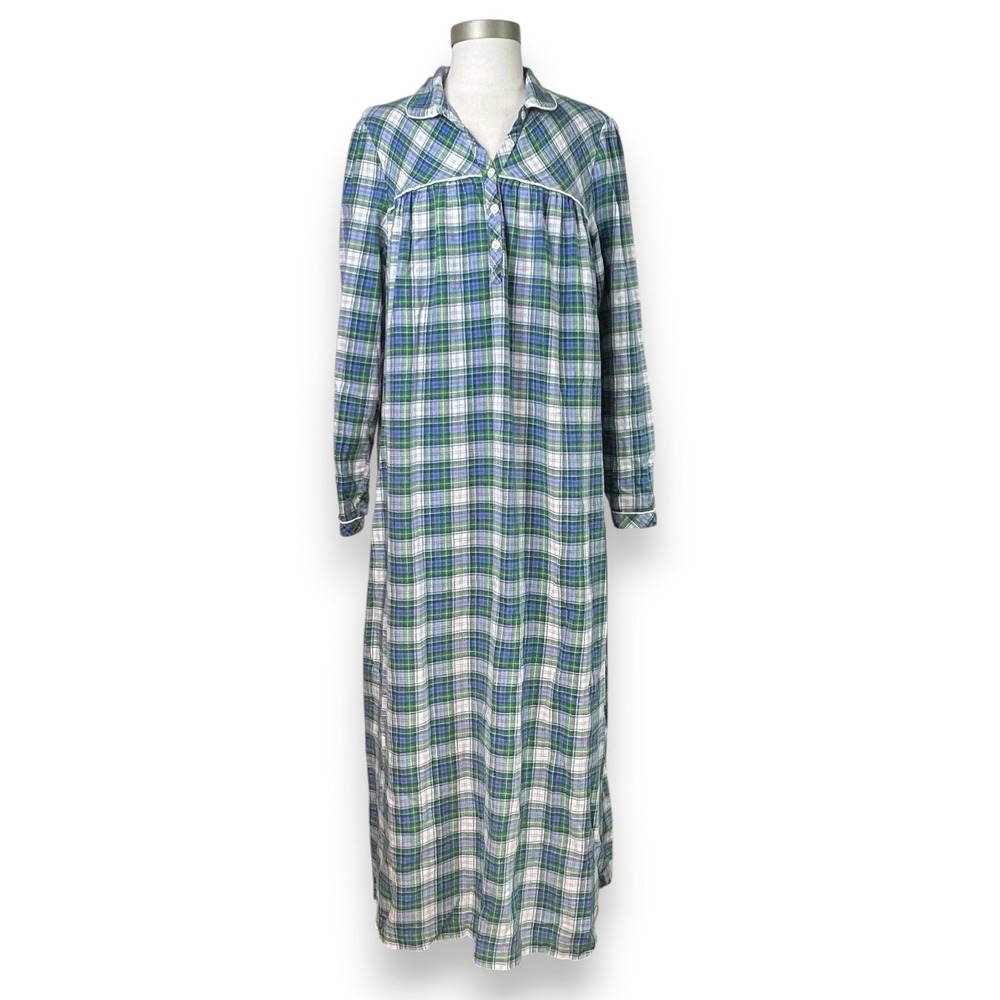 Vintage LL Bean Flannel Plaid Nightgown Women Medium Blue Green Cotton Sleepwear